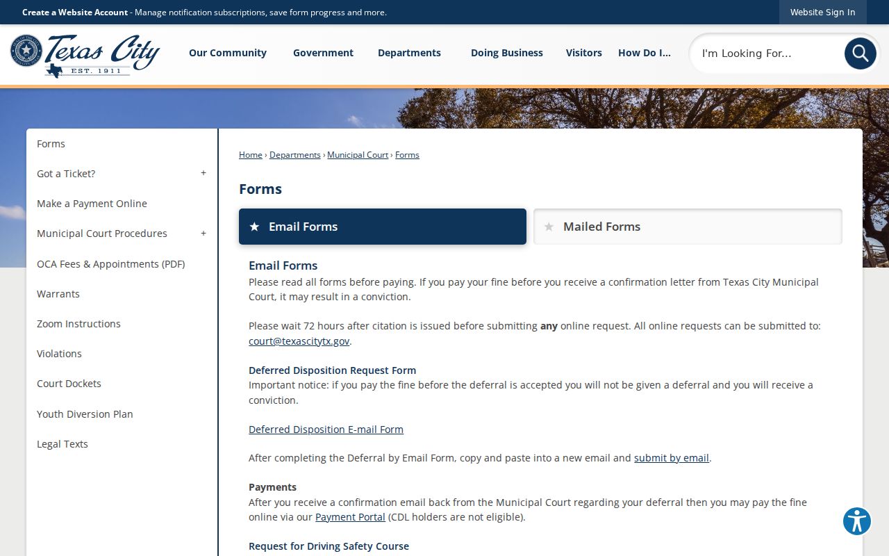 Texas City court docket forms and record request page