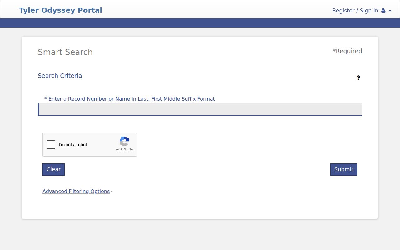 Galveston County case search Smart Search screen